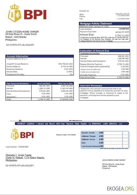 Relevé hypothécaire de la Banque philippine des îles philippines aux formats Word et PDF